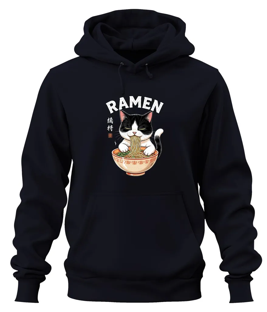 Sweat bleu marine brodé Ramen Chat, coton doux style vintage, Taille L