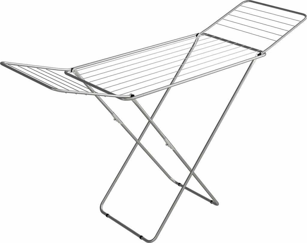 A silver metal drying rack with wings, shown from a side angle against a white background.