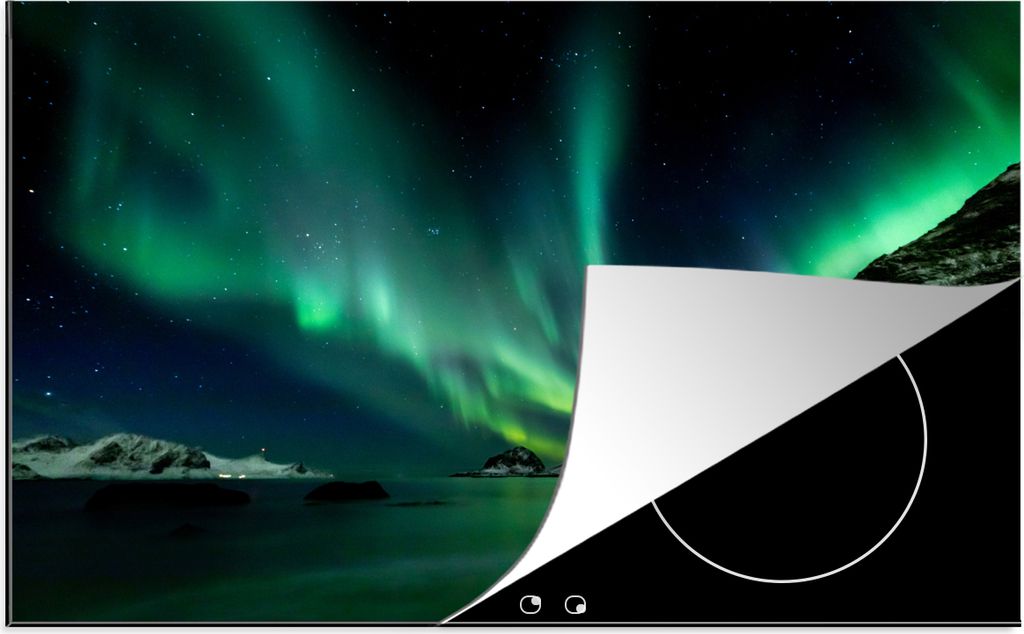 KitchenYeah Herdabdeckplatte Nordlichter - Strand - Norwegen , 77x51cm, Küche Deko, Glaskeramikkochfeld Herdabdeckung, Abdeckplatte fùr Kochfeld