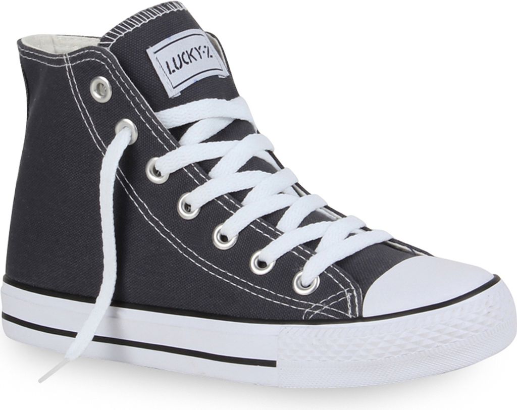 Mytrendshoe Damen High Top Sneakers Sportschuhe Kult Schnürer 94589, Farbe: Dunkelgrau Lucky, Größe: 36