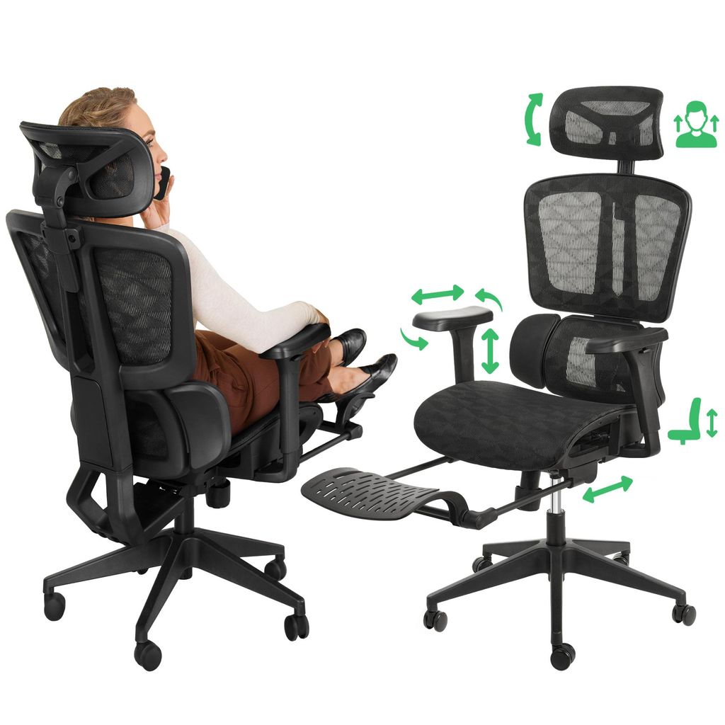 Bürostuhl Romalo – ergonomischer Schreibtischstuhl mit Kopfstütze & Fußstütze, atmungsaktives Mesh, schwarz di volio