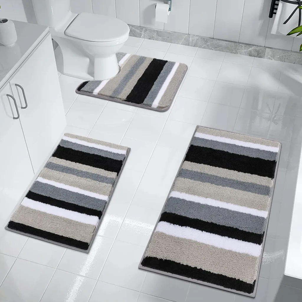 Set de tapis de bain pour douche et toilettes, 3 tapis noirs lavables