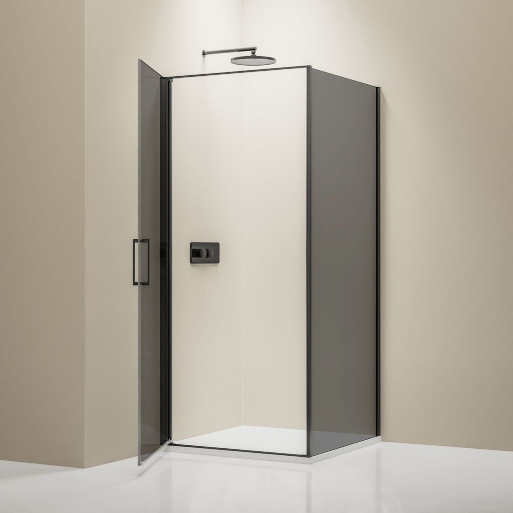 Eckdusche mit Drehtür NT416 Schwarz matt - 8 mm Nano Graues Glas - Breite wählbar, Breite Türelement:100 cm, Breite Glas feststehend:80cm