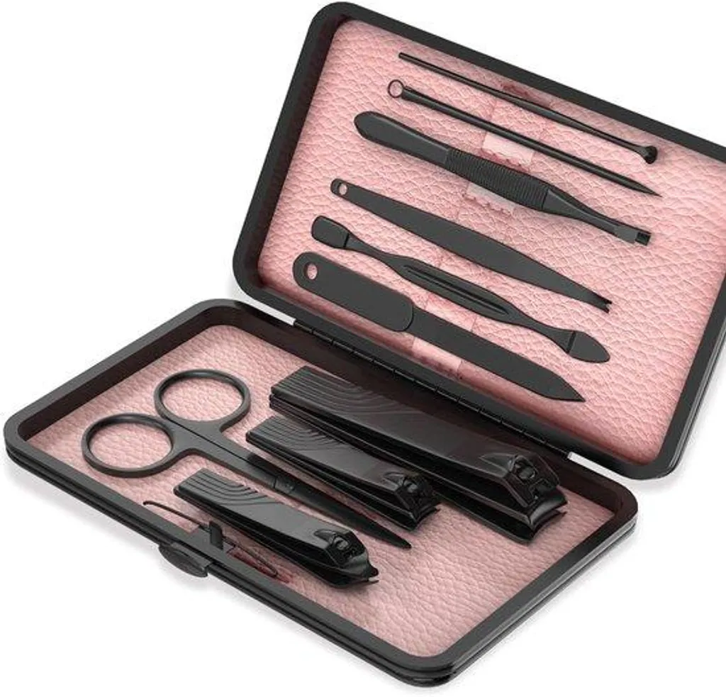 Kit de manucure 10 en 1 RVS avec mallette noire et rose - Set complet