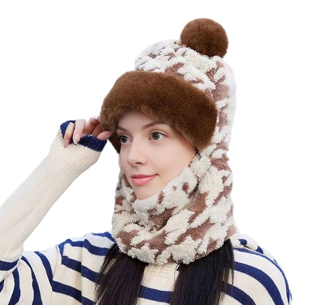 Damen-Kopfbedeckung 3-in-1 Wintermütze Schal Kapuzenpullover Strick Warm Plüschgefüttert Leicht Winddicht Reitmütze Outdoor-Aktivitäten Skifah...