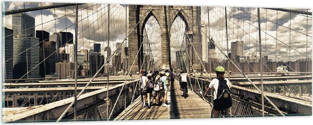 Bilder auf glas - Amerika brooklyn brücke bau - 90x30cm - Glasbilder - Wandbilder - Kunstdruck - zum Aufhängen bereit - Wanddekoration aus Glas -...