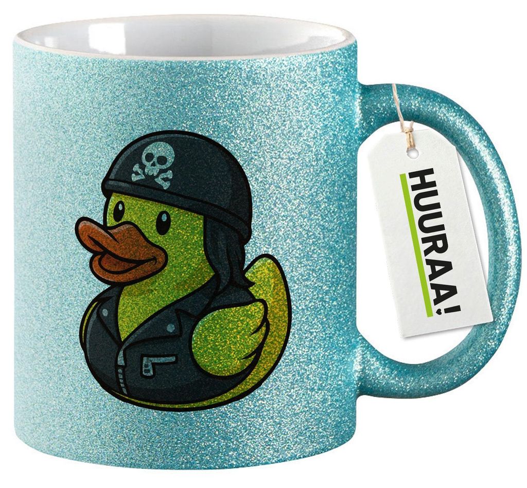 Huuraa Glitzertasse Quietscheente Biker Gummiente Rocker 330ml Blau Keramik Kaffeebecher Geschenkidee