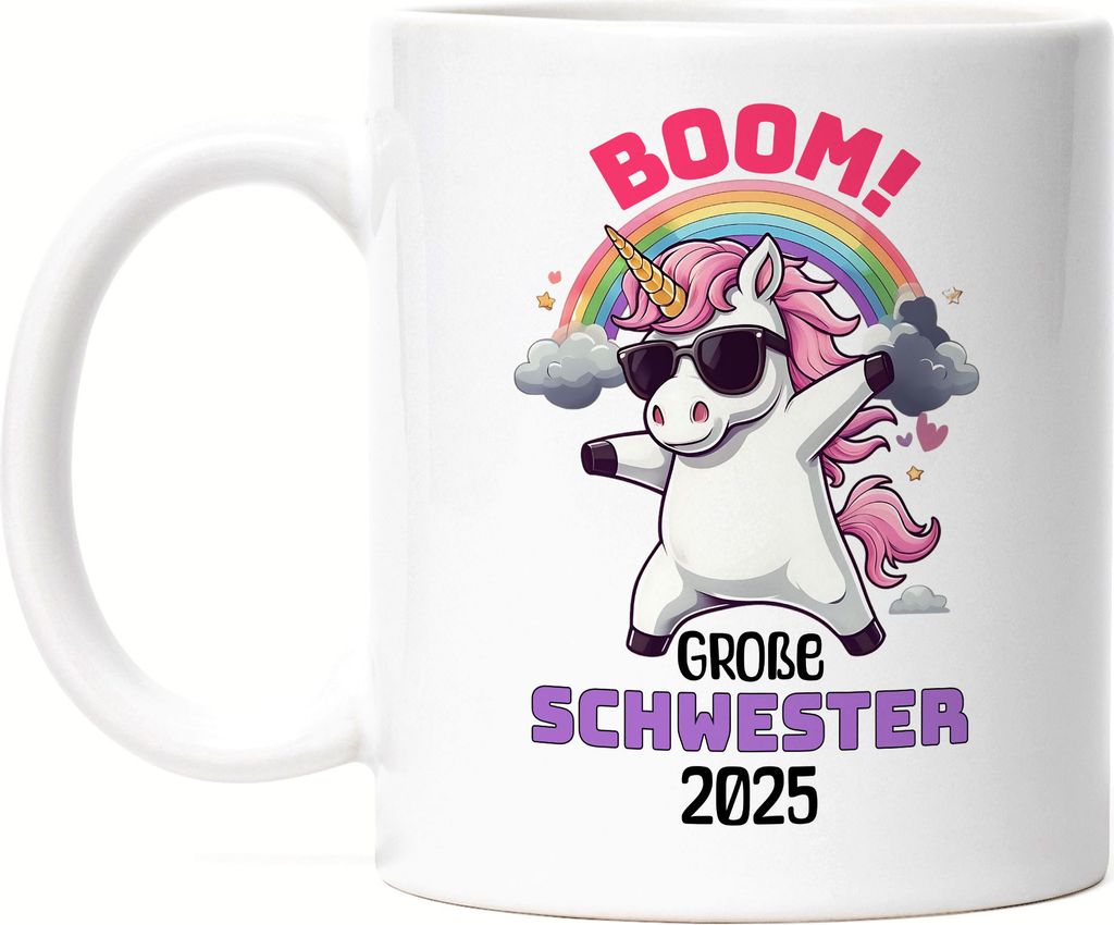 Boom Große Schwester 2025 Tasse Weiß Geschenk Einhorn Geschwister Geburt Überraschung Freude Party