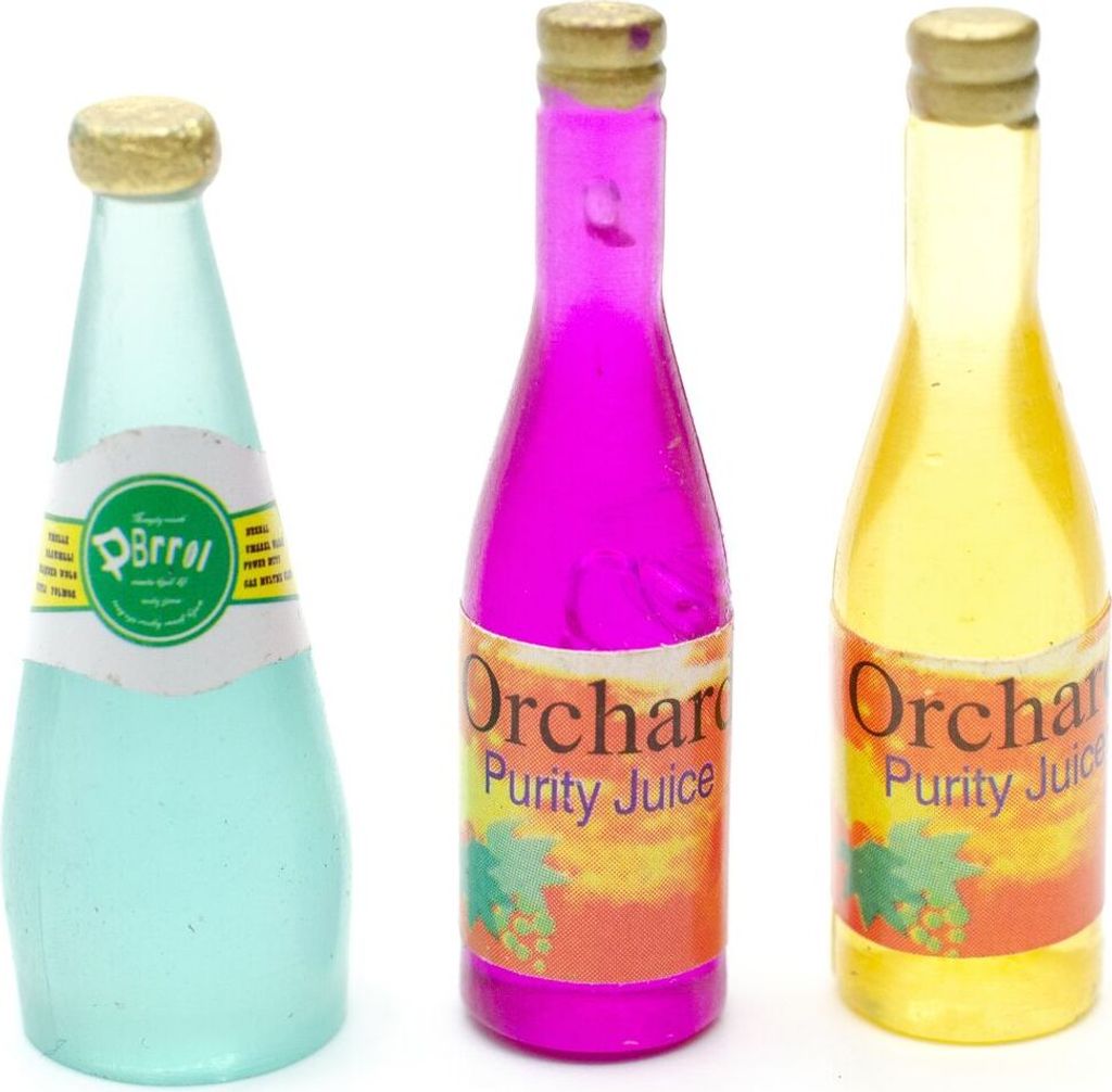 3x Flaschen Puppenhaus Puppenstube Flasche Wasserflasche Limonade Saft Wasser