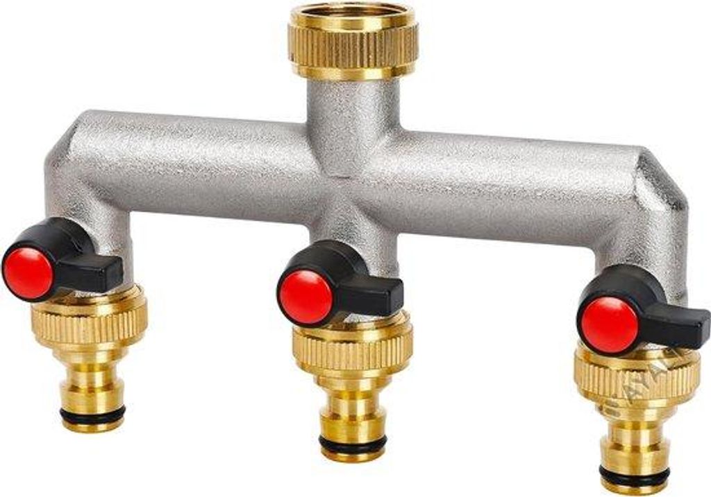 Dreiweg-Wasserverteiler, 3/4 Zoll Messing-Wasseranschluss, Gartenhose mit 3/4 Zoll Adapter, Kugelventil für große Gartenbewässerung.