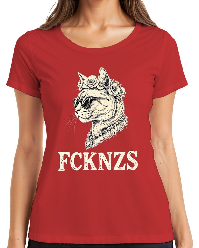 FCKNZS Katze Sonnenbrille Blumenkranz Retro Vintage Geschenk Damen T-Shirt, Rot, M