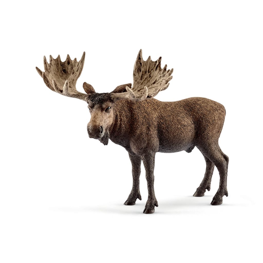 A realistic toy model of a bull moose standing on a white background.