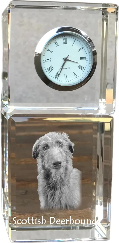 Horloge de table en cristal gravé avec portrait de Deerhound Art-Dog