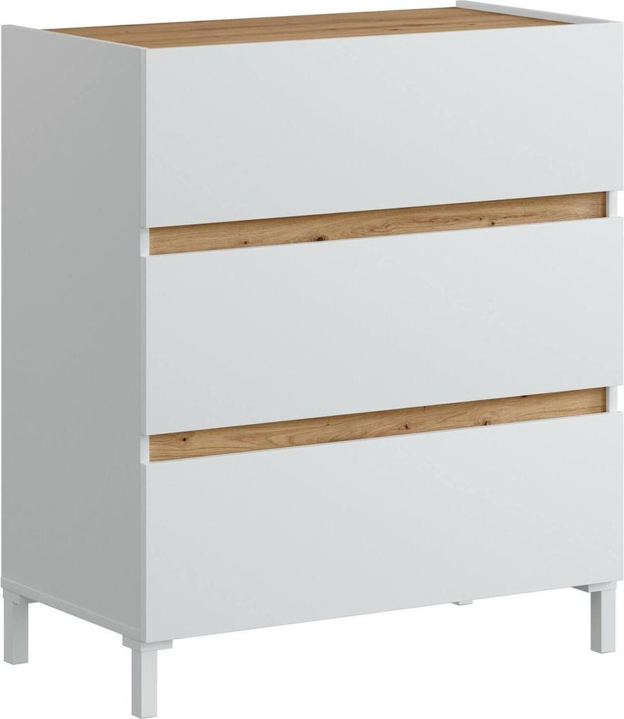 Kommode Teddy, Mehrzweckkommode, Schlafzimmerkommode, Schrank mit Schubladen, 79x41 h91 cm, Weiß und Knoteneiche