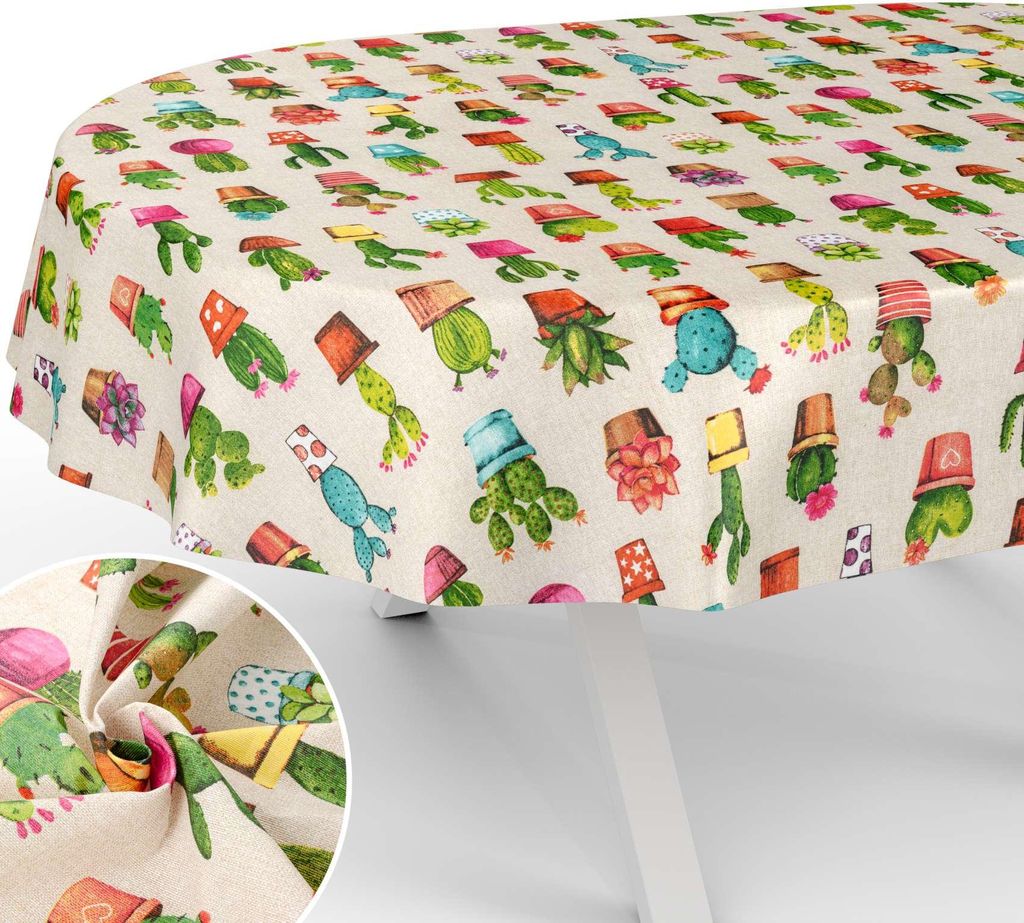 Tischdecke Kaktus mit Blumen Botanik aus Stoff Tischwäsche mit Beschichtung Tischtuch Aquarell Bunt Oval Breite 140cm Länge 240cm mit Schnittkante