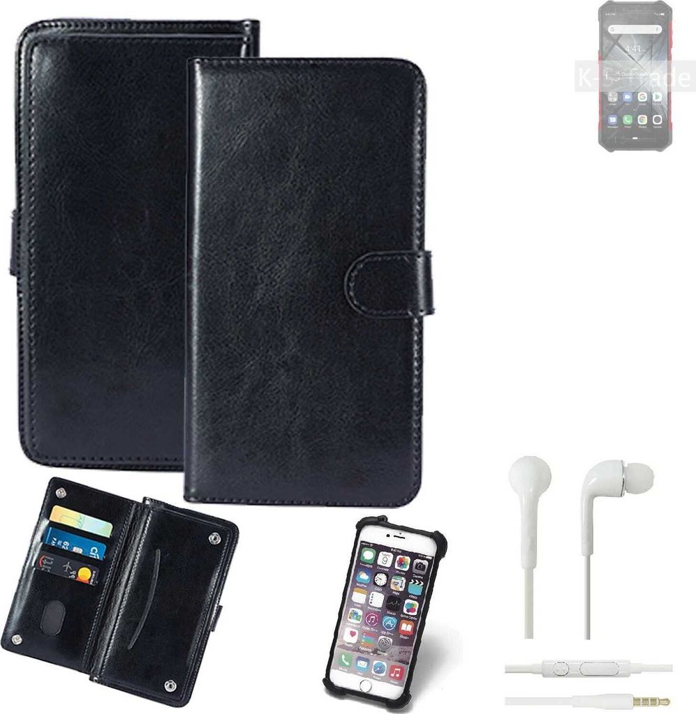 K-S-Trade 360° Hülle kompatibel mit Ulefone Armor X3 inkl. Headphones schwarz Kunstleder Case BookCase WalletCase Kunstlederederhülle Handyhülle,