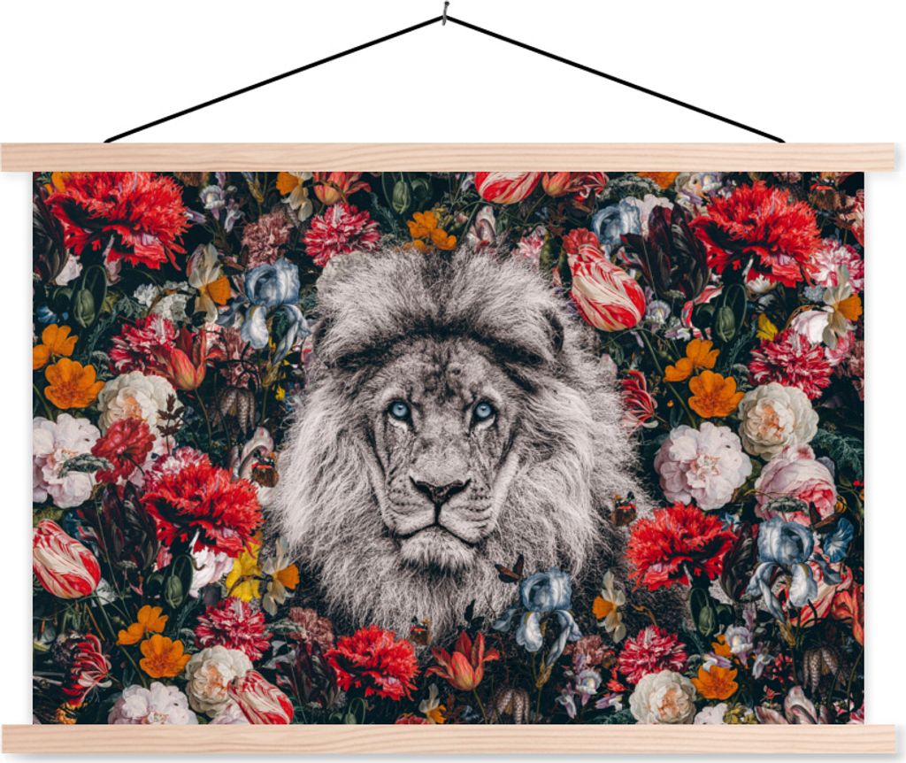 MuchoWow Textilposter Löwe - Blumen - Schwarz - Weiß 60x40 cm mit holzfarbenen Rahmen - Bilder