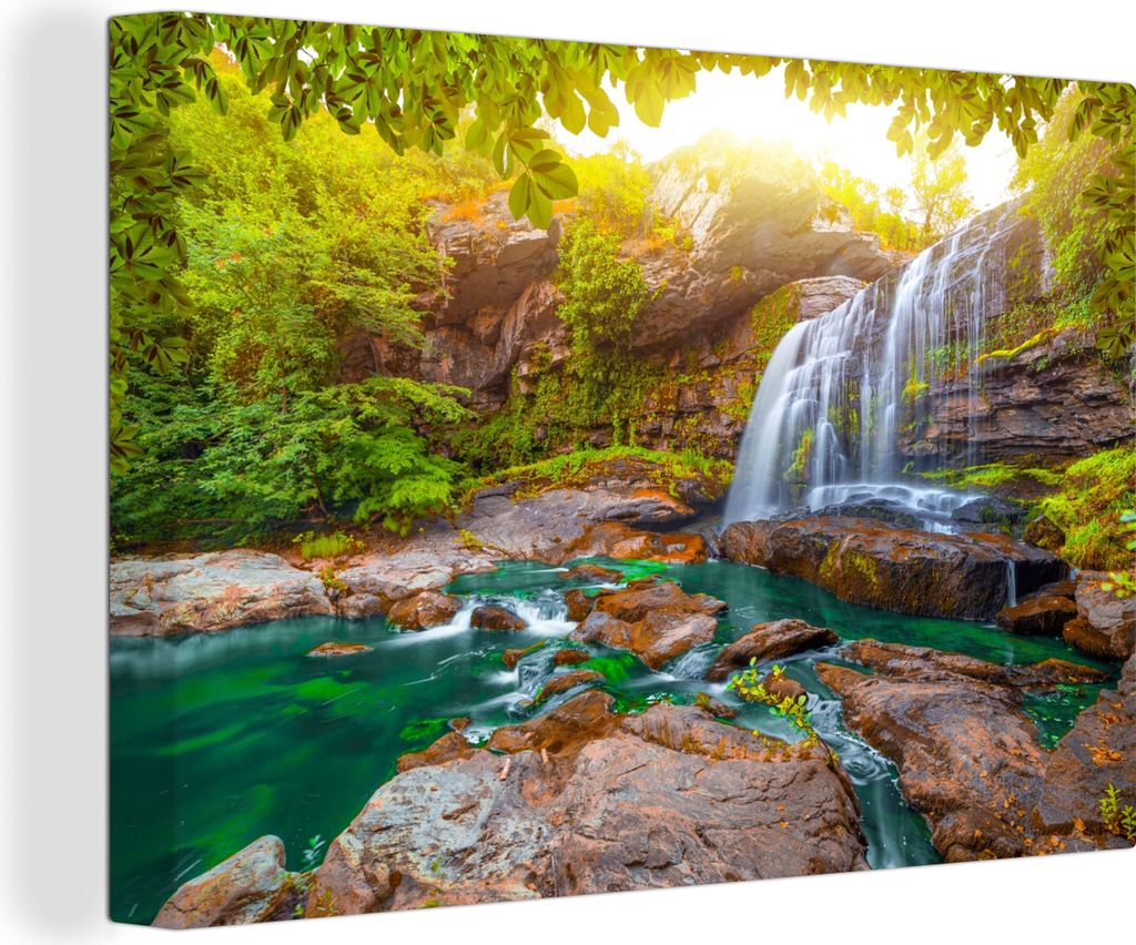 OneMillionCanvasses - Leinwandbilder - 150x100 cm, Natur - Wasserfall - Pflanzen - Bäume - Sonne, Wandbilder Kunstdruck Wanddekoration - Foto au...