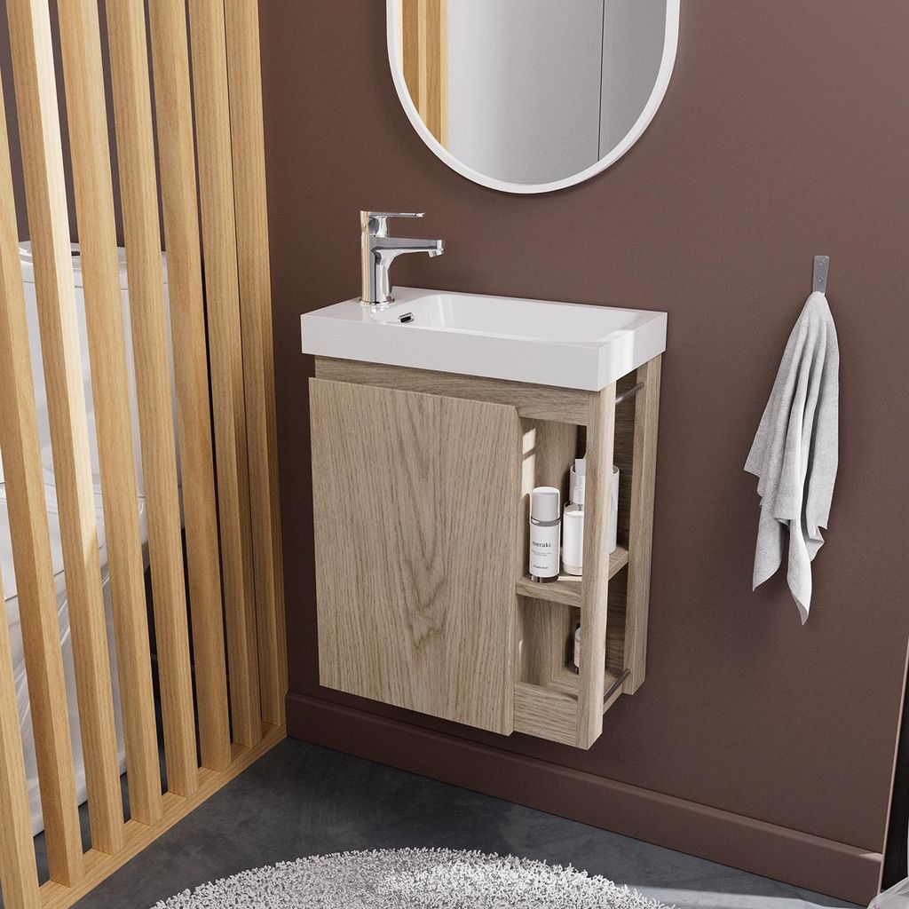 MILTON Wandwaschtischunterschrank B.41,5 x H.53 x T.23,5 cm rechteckig Eichenoptik mit weißem Waschbecken