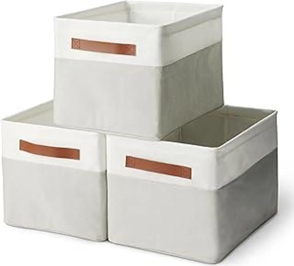 Cestini Organizer Lino e Pelle | Set 3 Pezzi Grandi per Arredo