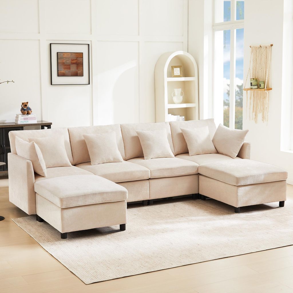 Merax Ecksofa, U-Form 4-Sitzer-Sofa mit 2 Fußhocker, 6 Kissen, Wohnzimmersofa, Couchgarnitur, Soffa, Couch, Chenille, Beige