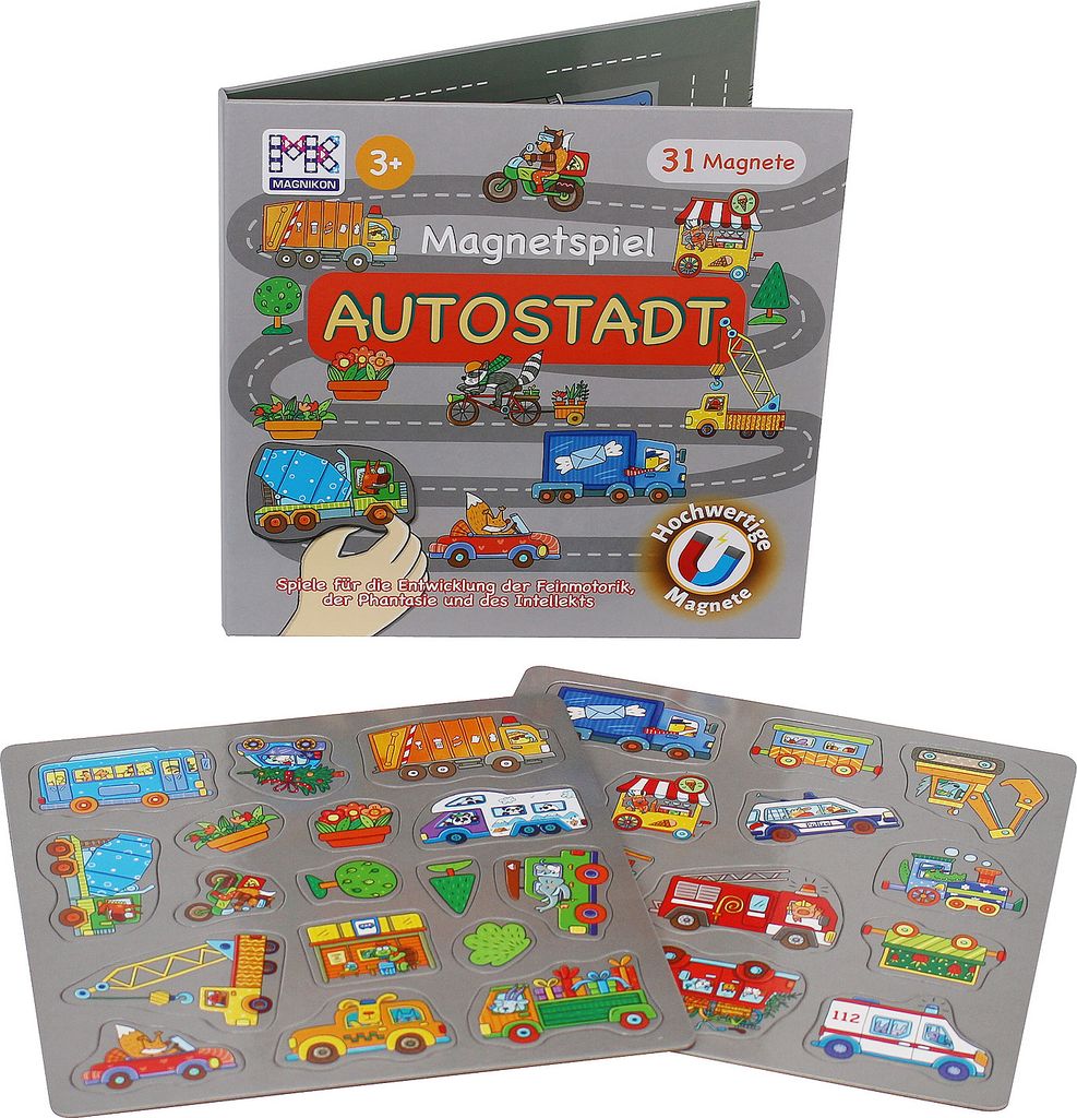 A magnetic game set for children, featuring various vehicles and city elements, displayed with its packaging and loose magnetic pieces.