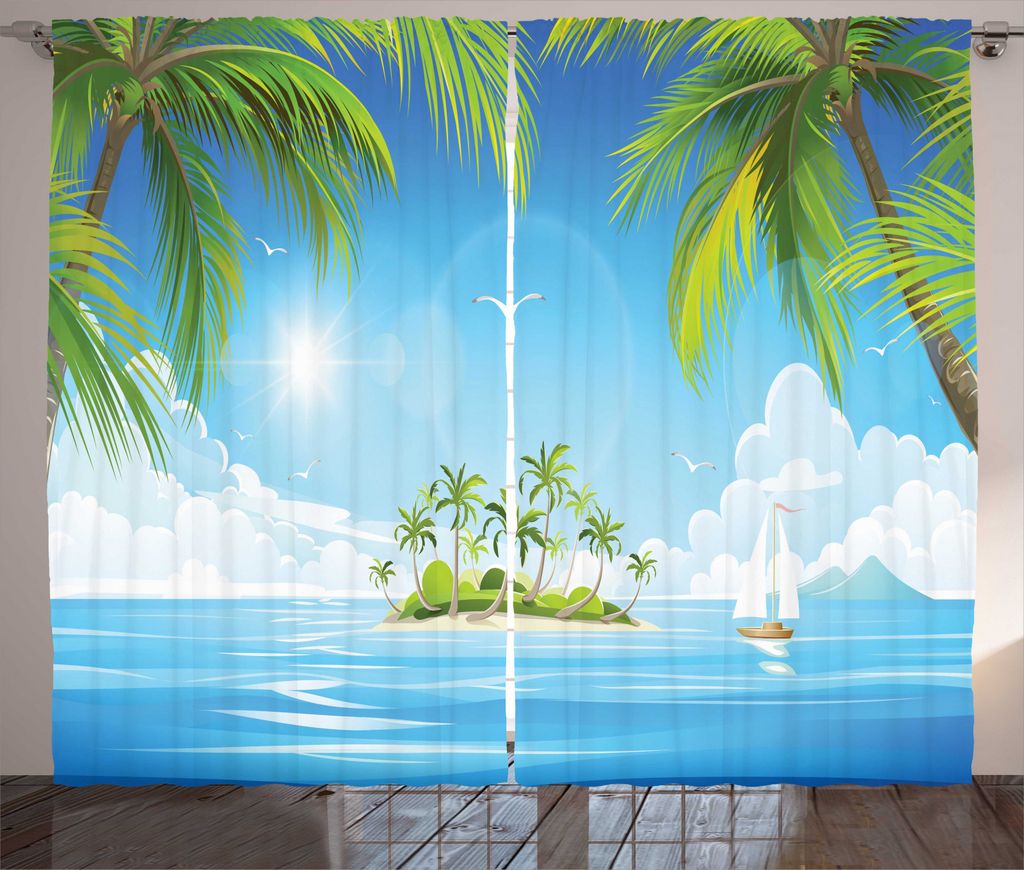 ABAKUHAUS Palme Rustikaler Gardine, Cartoon von Tropical Island, Schlafzimmer Kräuselband Vorhang mit Schlaufen und Haken, 280 x 245 cm, Deep Sky ...