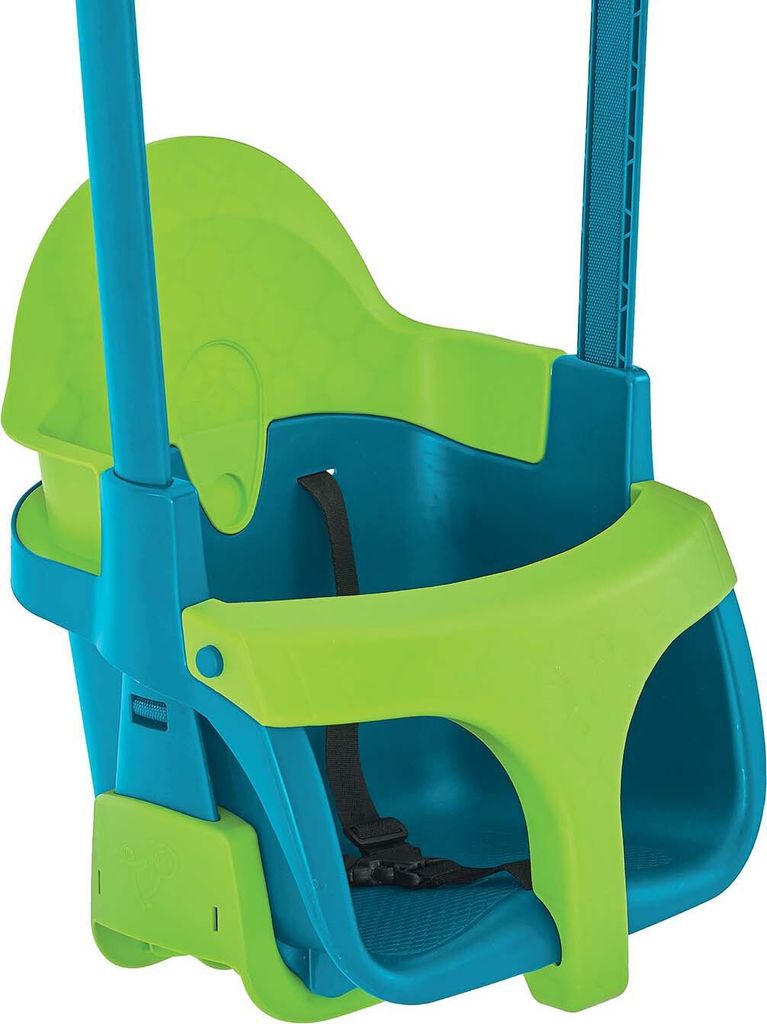 A close-up view of a baby swing seat.