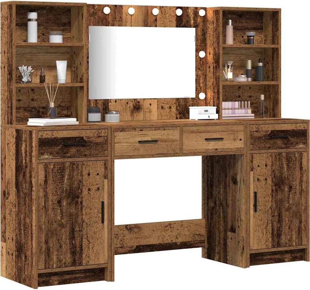 Schminktischset mit LED mit Regal 3 pcs Altholz Holzwerkstoff