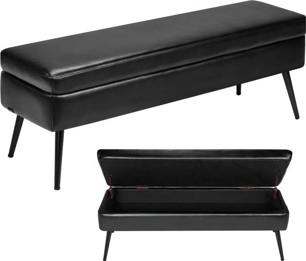 Banc Ottomane 120cm en Cuir PU Noir avec Rangement et Pieds Métal