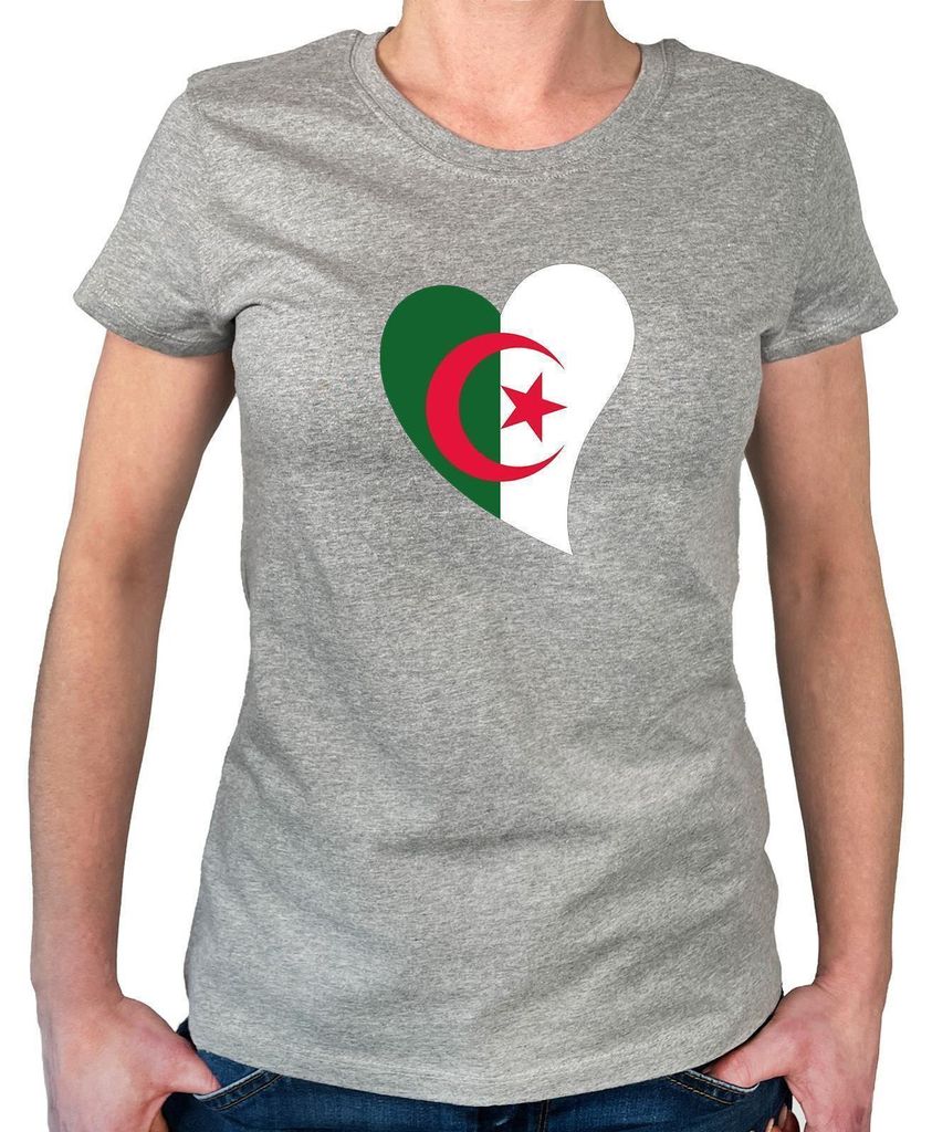 Huuraa Damen T-Shirt Algerien Flagge Herz L Sport Grey Bio Baumwolle Fairtrade Damenshirt Geschenkidee