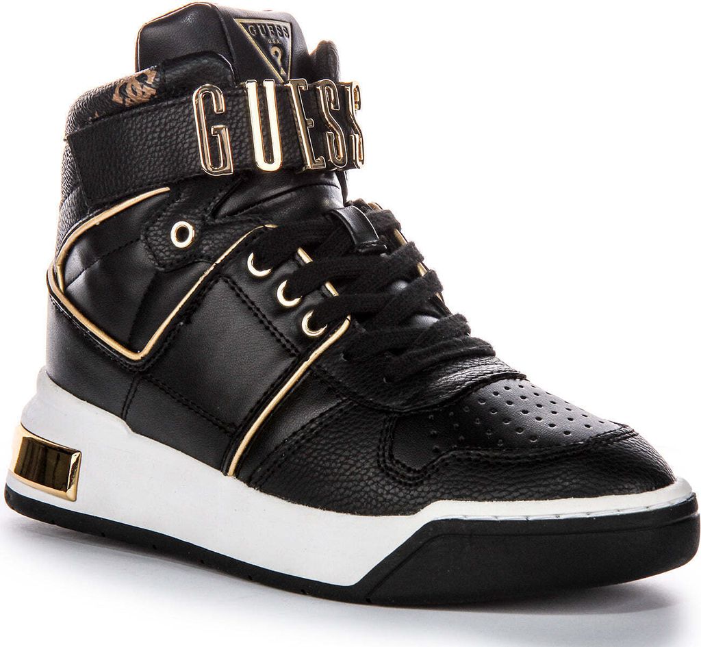 Guess Corten High Gold Logo Sneaker Damen Kunstleder Trainer in Schwarz Braun – 4 UK - 37 EU - 6.5 US / Black Brown