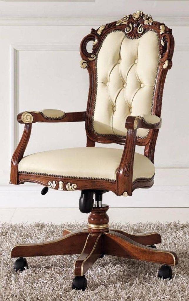 Casa Padrino Luxus Barock Bürostuhl Beige / Braun / Gold 57 x 48 x H. 107-117 cm - Höhenverstellbarer Schreibtischstuhl mit Echtleder - Barock B...
