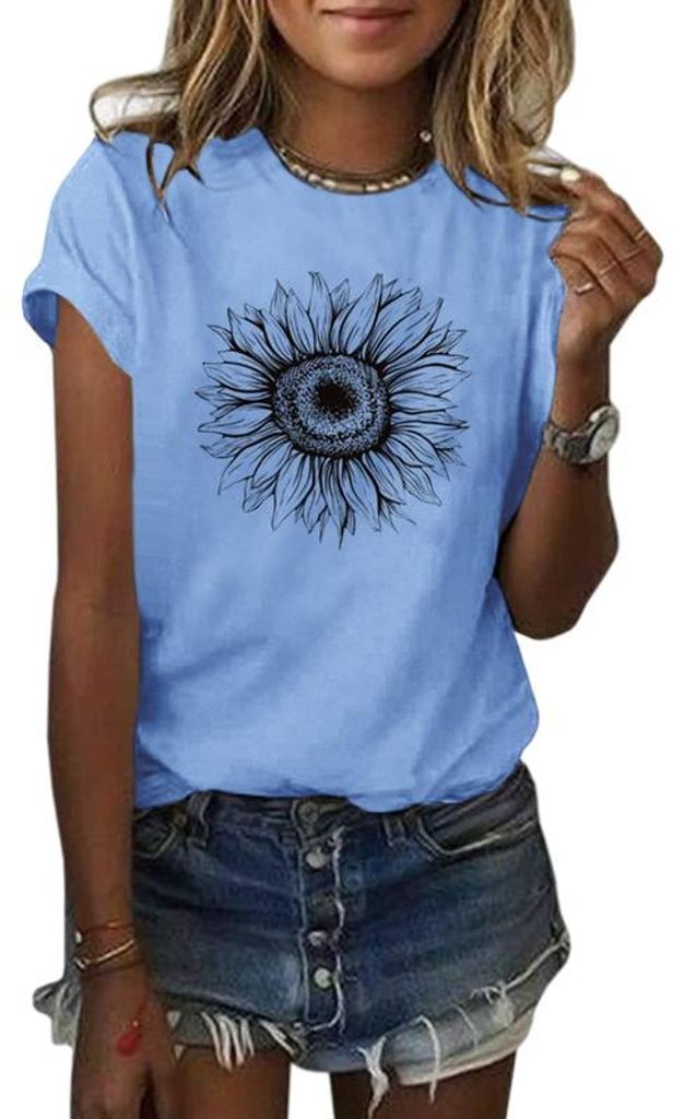 Damen-T-Shirts, Kurzarm-Shirts mit Sonnenblumenmotiv, lockere Sommertops,Größe:S