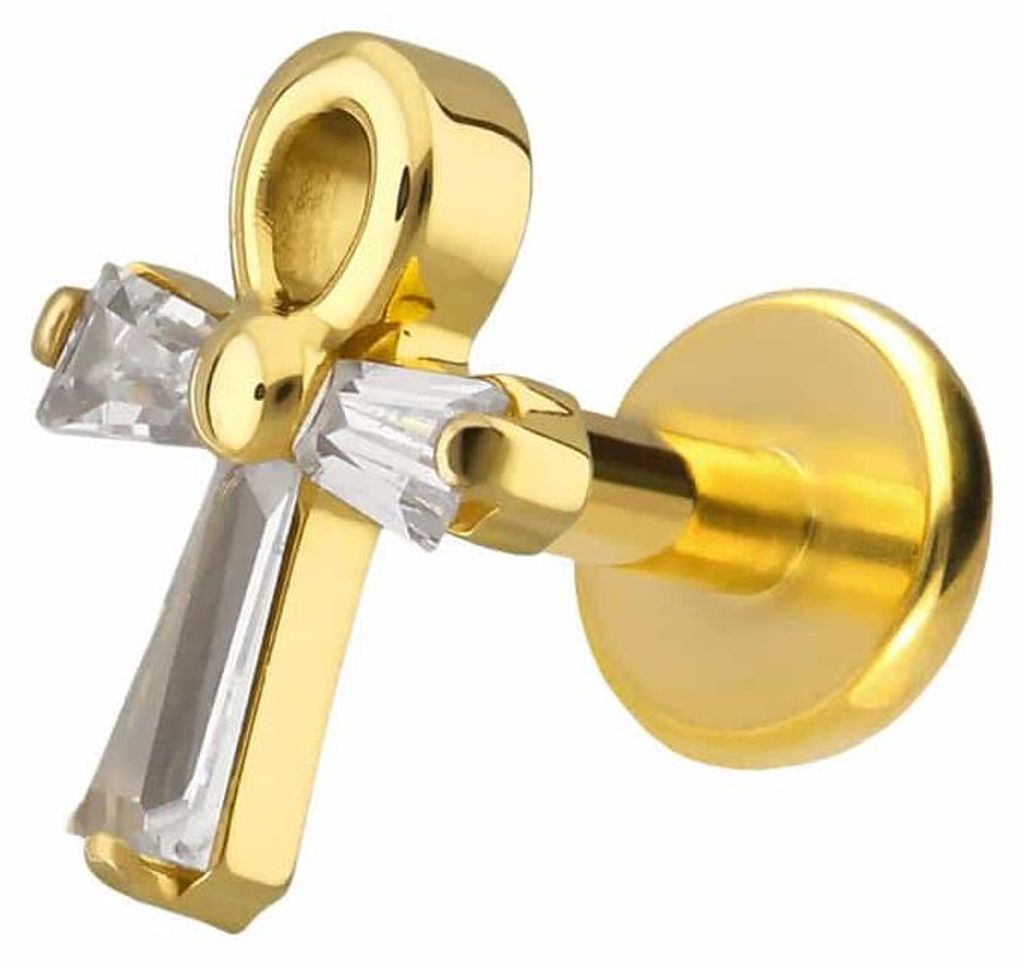 Ohrpiercing, Nasenpiercing Titan Labret mit Push Fit KRISTALLANKH Gold Stablänge: 8mm | Stabstärke: 1,2mm