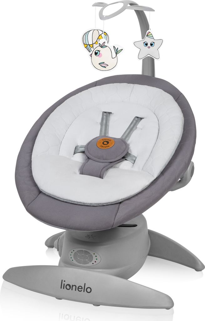 A baby swing chair with a mobile.