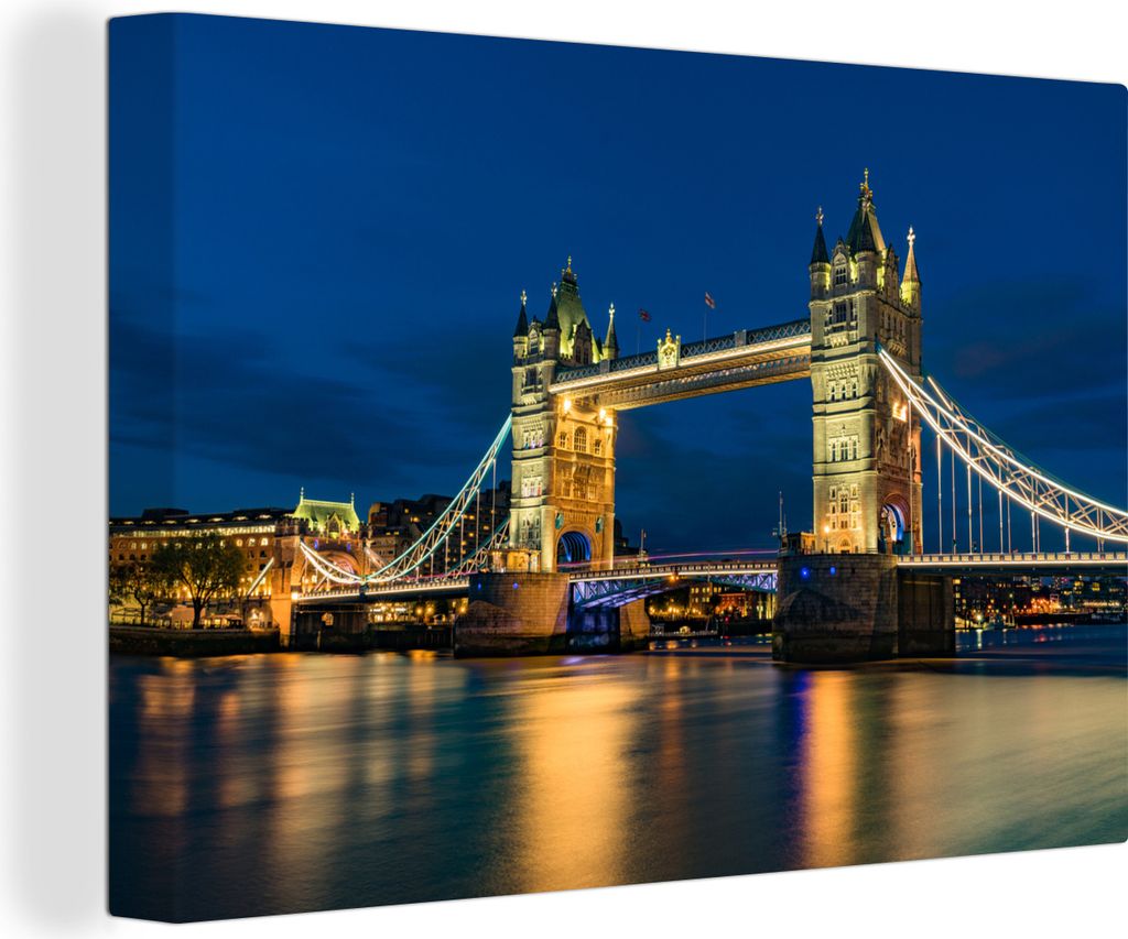 OneMillionCanvasses - Leinwandbilder - 150x100 cm, Tower Bridge beleuchtet am Abend in England, Wandbilder Kunstdruck Wanddekoration