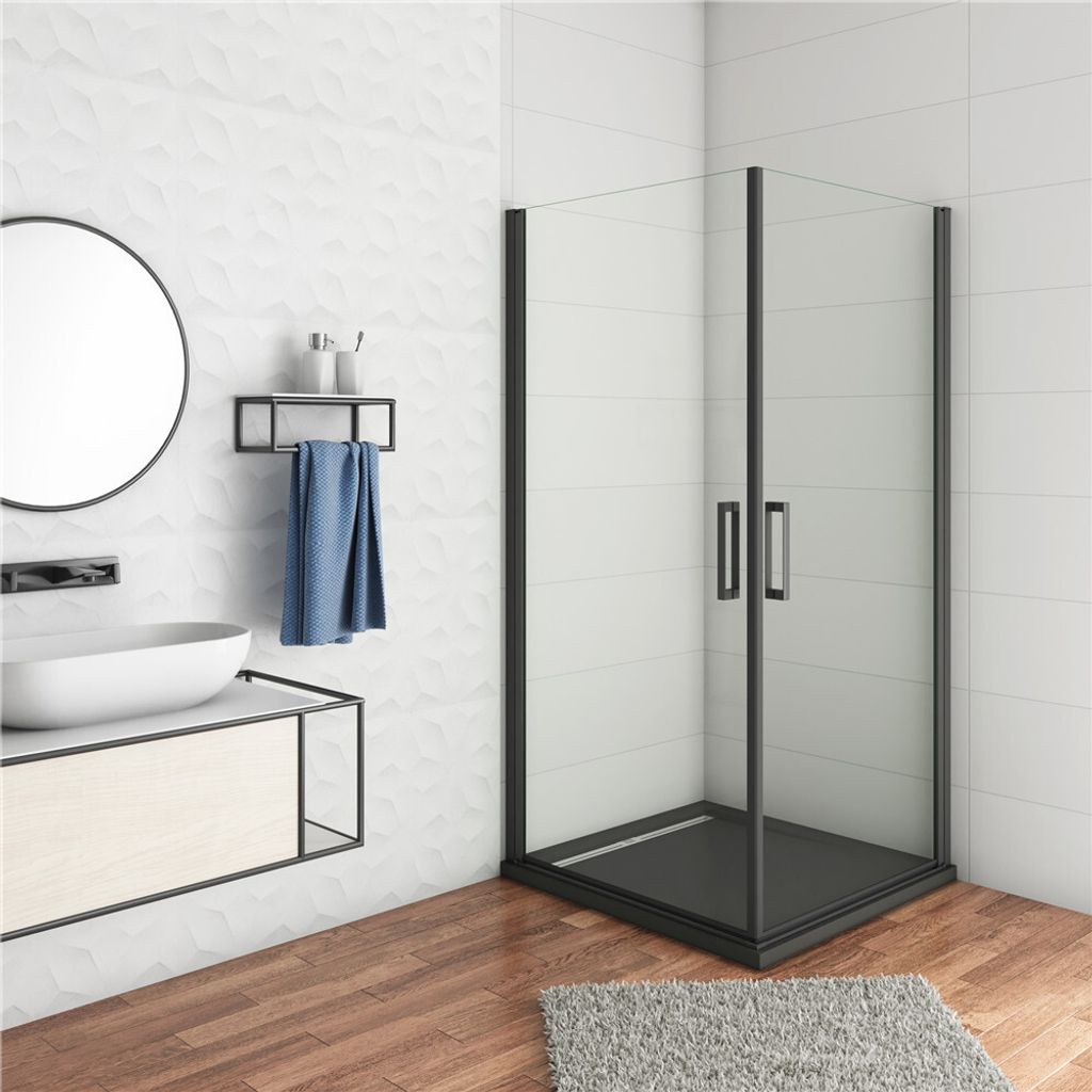 Eckeinstieg 80x80xH.200cm schwarze Duschkabine mit schwarze Duschtasse 8mm NANO ESG-Glas Schwingtür Drehtür eckdusche Duschabtrennung