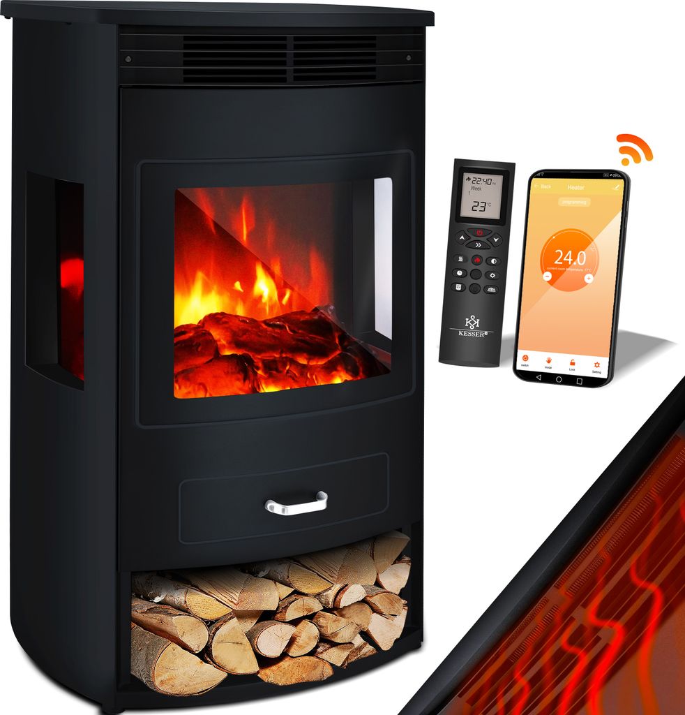 KESSER® Prio Elektrokamin mit Heizung Heizlüfter Fernbedienung WiFi App 950/1900 W Kamin elektrisch LED-Flammeneffekt Kaminfeuer Elektro Kamin mit Thermostat  Panorama-Sichtfenster Heizfunktion Timer