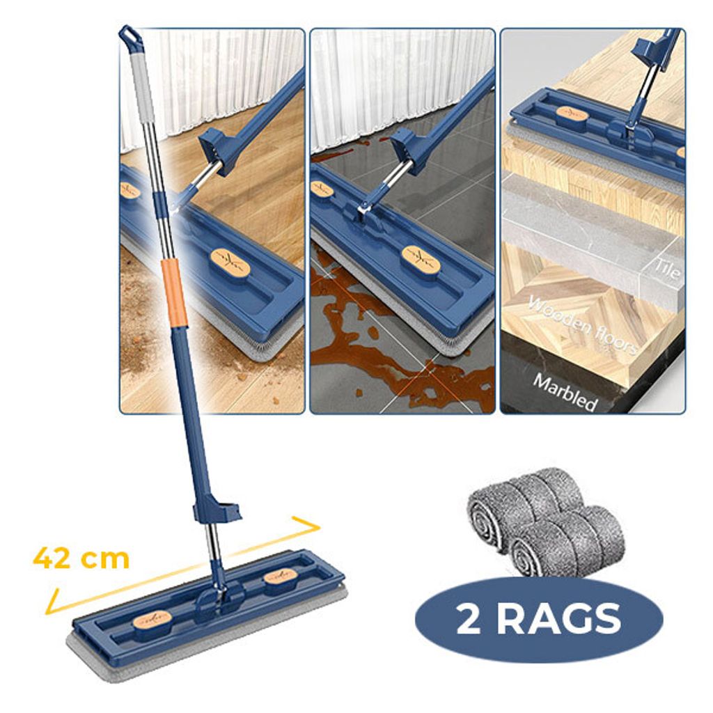 Collage of images showing a mop and its features, including different floor types and cleaning demonstrations.