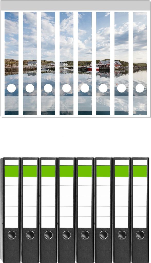 Wallario 8 Stück schmale Ordner inkl. Klebeetiketten mit Motive Kleine Siedlung am Meer - Set mit Rückenschildern / Ordnerrücken Stickern