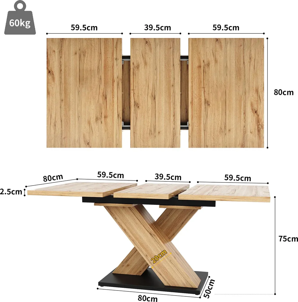 Table de cuisine avec rallonges intégrées bois clair extensible 158cm - 4