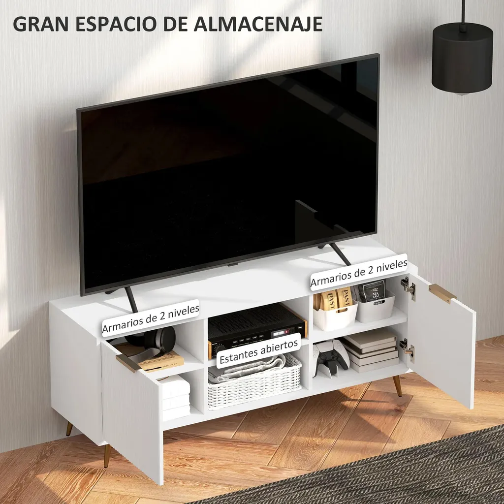 Buffet TV Blanc de Style Moderne - Meuble de Salon Bas avec Rangements