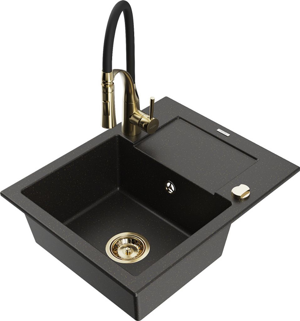 Mexen Enzo 1 Becken-Granitspüle mit Abtropffläche und Mischbatterie Aster, Schwarz/Gold metallisch - 6506-75-73450-57-G