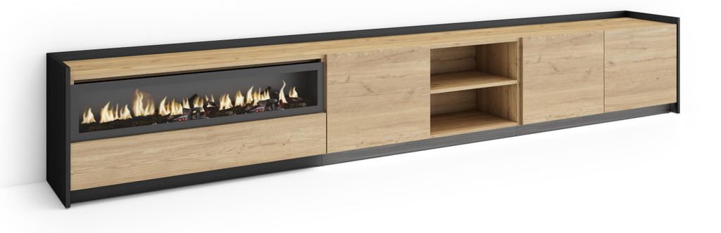 TV-Möbel Holzeffekt eiche schwarz 310x37x50cm Kamin mit Feuereffekt