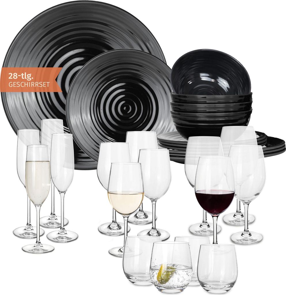Melamin Camping Geschirr Set 4 Personen Stone Dark Black + 16 Timo Gläser Wassergläser Weingläser Champagner-Gläser Flûtes Tafelgeschirr Pickn...