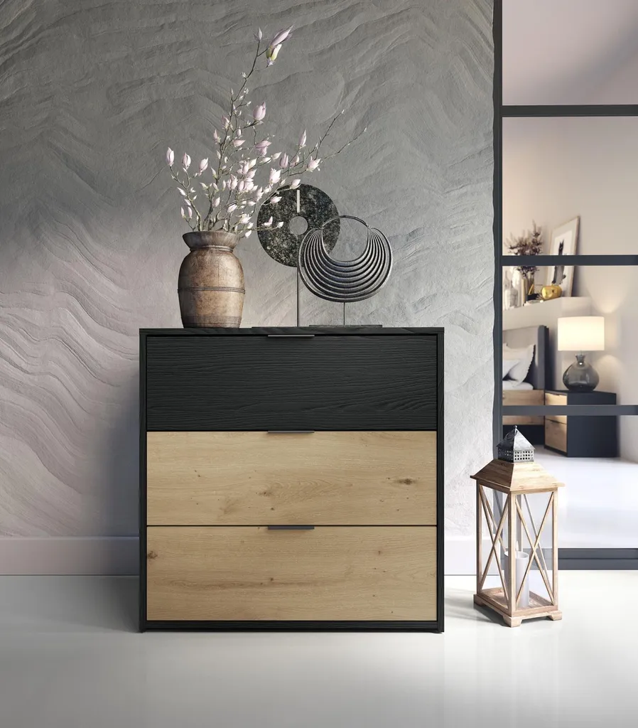 Commode SALAMINA en chêne artisanal et graphite noir - Meuble de rangement