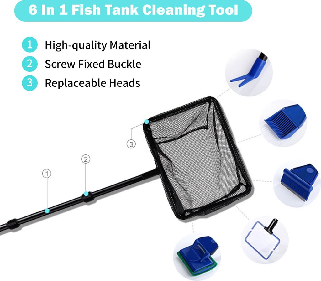 6-in-1-Aquarium-Reinigungswerkzeug, Algen mit Kiesrechen, Bürste, Netzschaber, Teleskop-Langstiel-Set