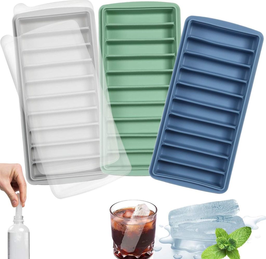 Eiswürfelform zum Aufstecken, Silikon, mit Deckel, ideal für Sport- und Wasserflaschen, 10 Mulden (3er-Pack, mehrfarbig)