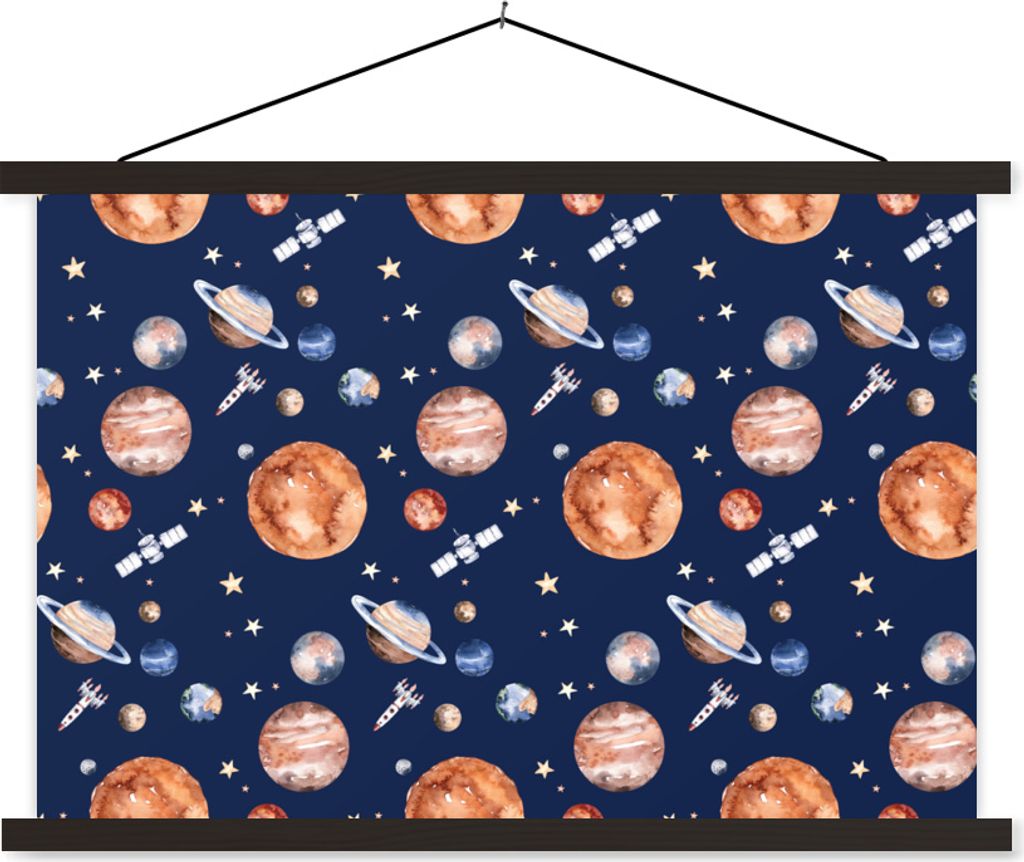 MuchoWow Textilposter Muster - Weltraum - Planeten - Jungen - Mädchen - Kinder - Kinder 120x80 cm mit schwarzem Rahmen - Wanddeko